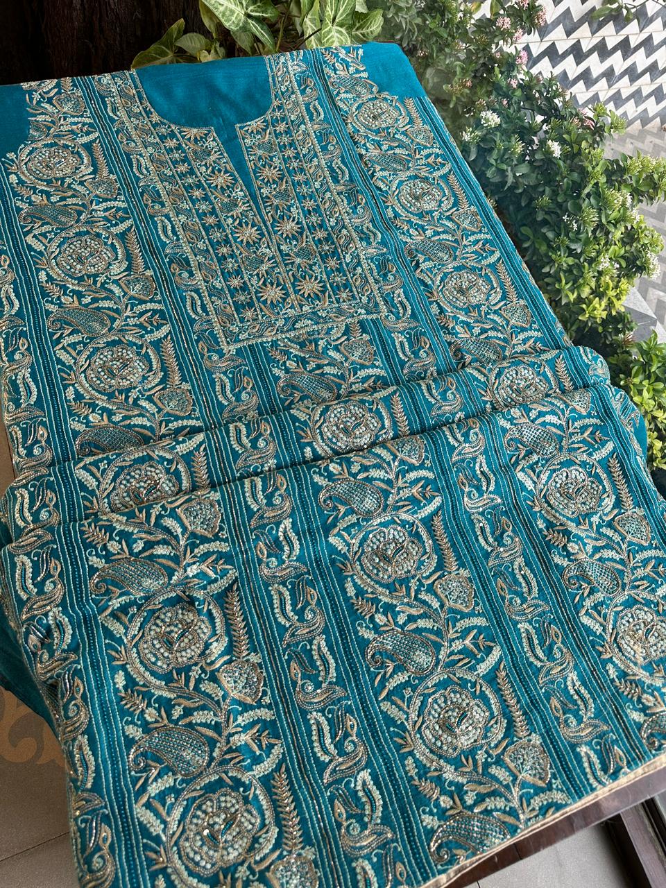 Peacock Blue Shade Moonga Silk Chikankari Unstitched Fabric