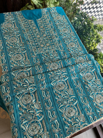 Peacock Blue Shade Moonga Silk Chikankari Unstitched Fabric