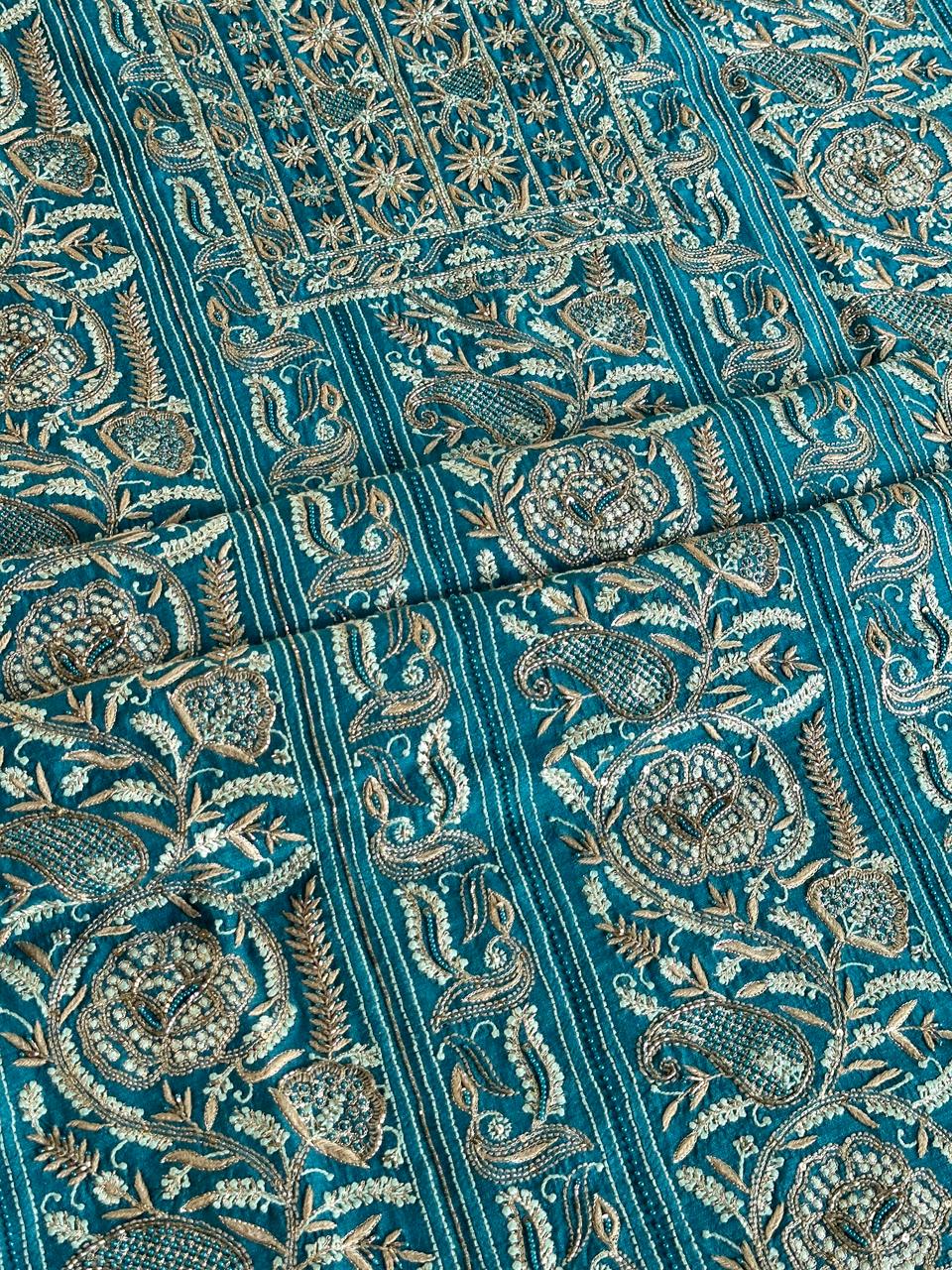 Peacock Blue Shade Moonga Silk Chikankari Unstitched Fabric