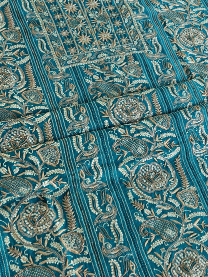 Peacock Blue Shade Moonga Silk Chikankari Unstitched Fabric