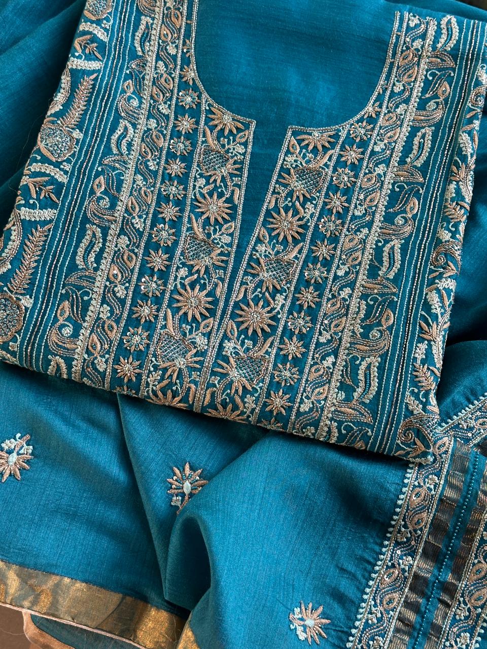 Peacock Blue Shade Moonga Silk Chikankari Unstitched Fabric