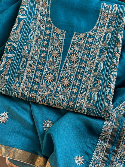 Peacock Blue Shade Moonga Silk Chikankari Unstitched Fabric