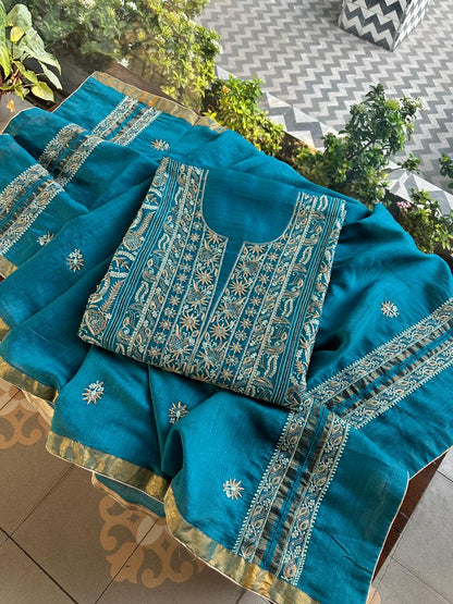 Peacock Blue Shade Moonga Silk Chikankari Unstitched Fabric