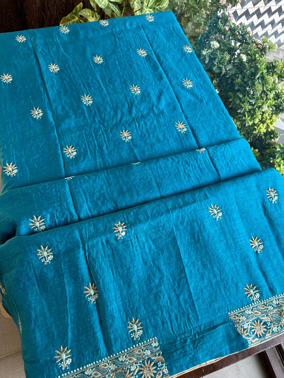 Peacock Blue Shade Moonga Silk Chikankari Unstitched Fabric