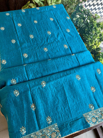 Peacock Blue Shade Moonga Silk Chikankari Unstitched Fabric