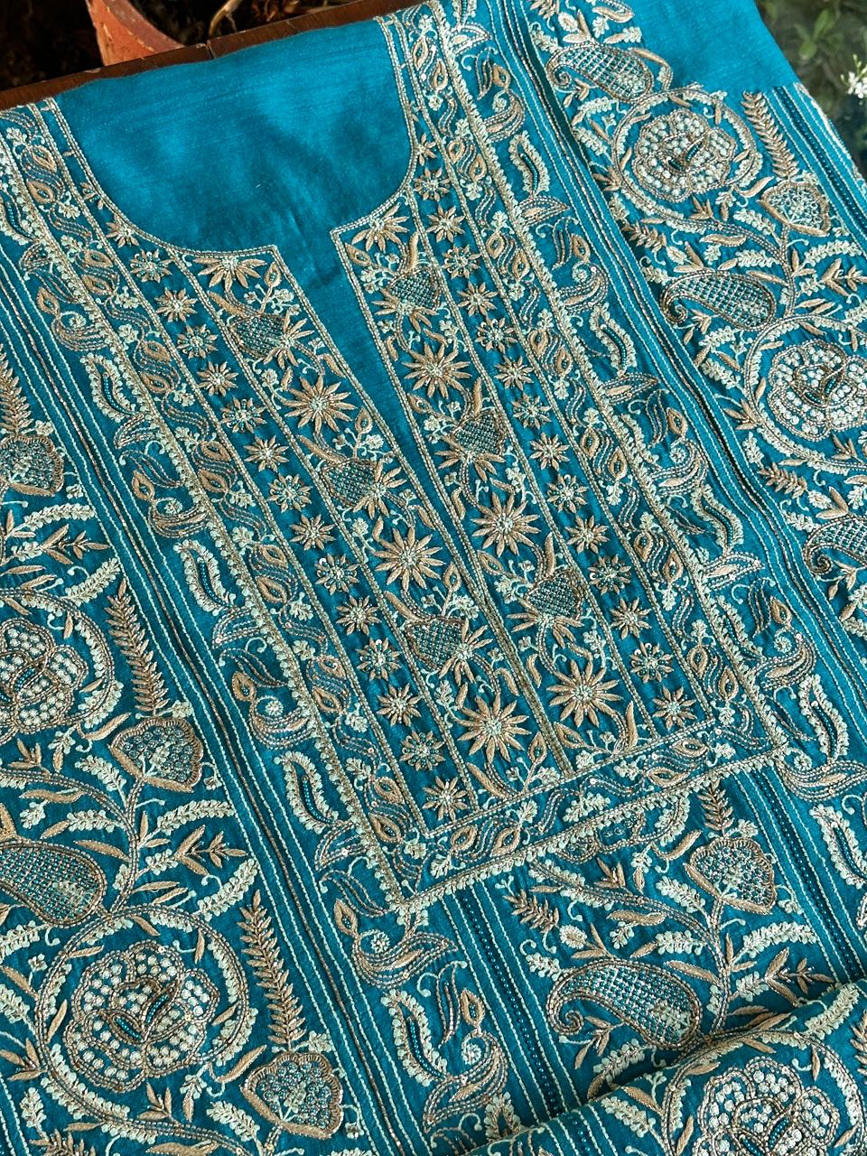 Peacock Blue Shade Moonga Silk Chikankari Unstitched Fabric