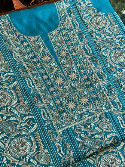 Peacock Blue Shade Moonga Silk Chikankari Unstitched Fabric