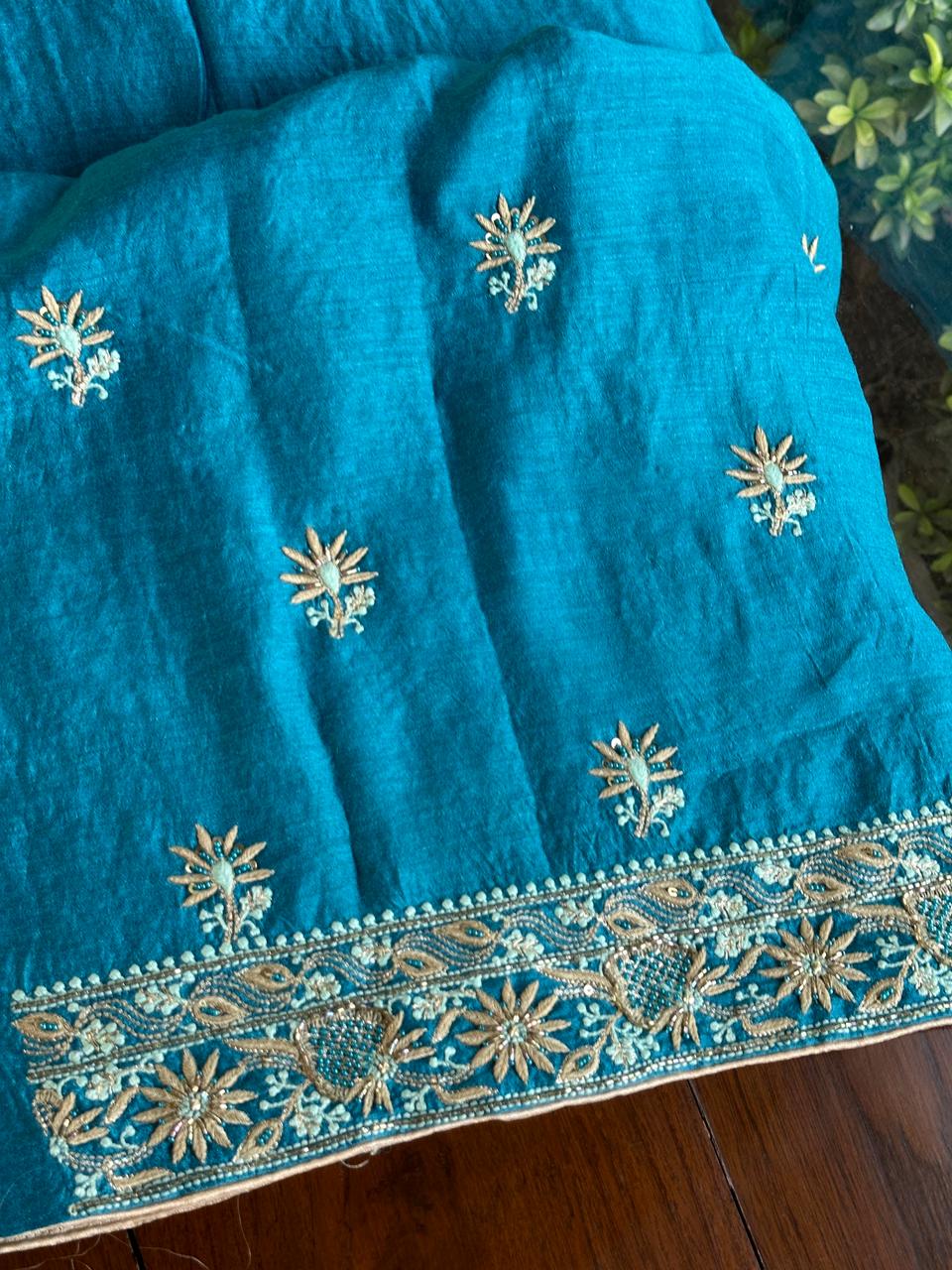 Peacock Blue Shade Moonga Silk Chikankari Unstitched Fabric