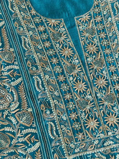 Peacock Blue Shade Moonga Silk Chikankari Unstitched Fabric
