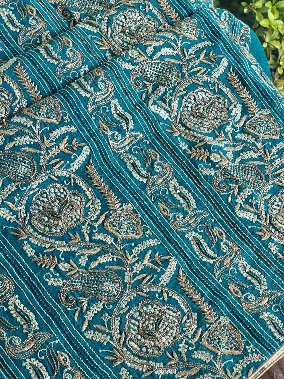 Peacock Blue Shade Moonga Silk Chikankari Unstitched Fabric