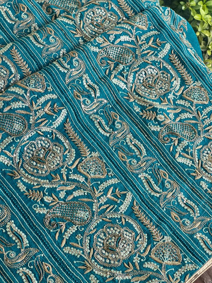 Peacock Blue Shade Moonga Silk Chikankari Unstitched Fabric