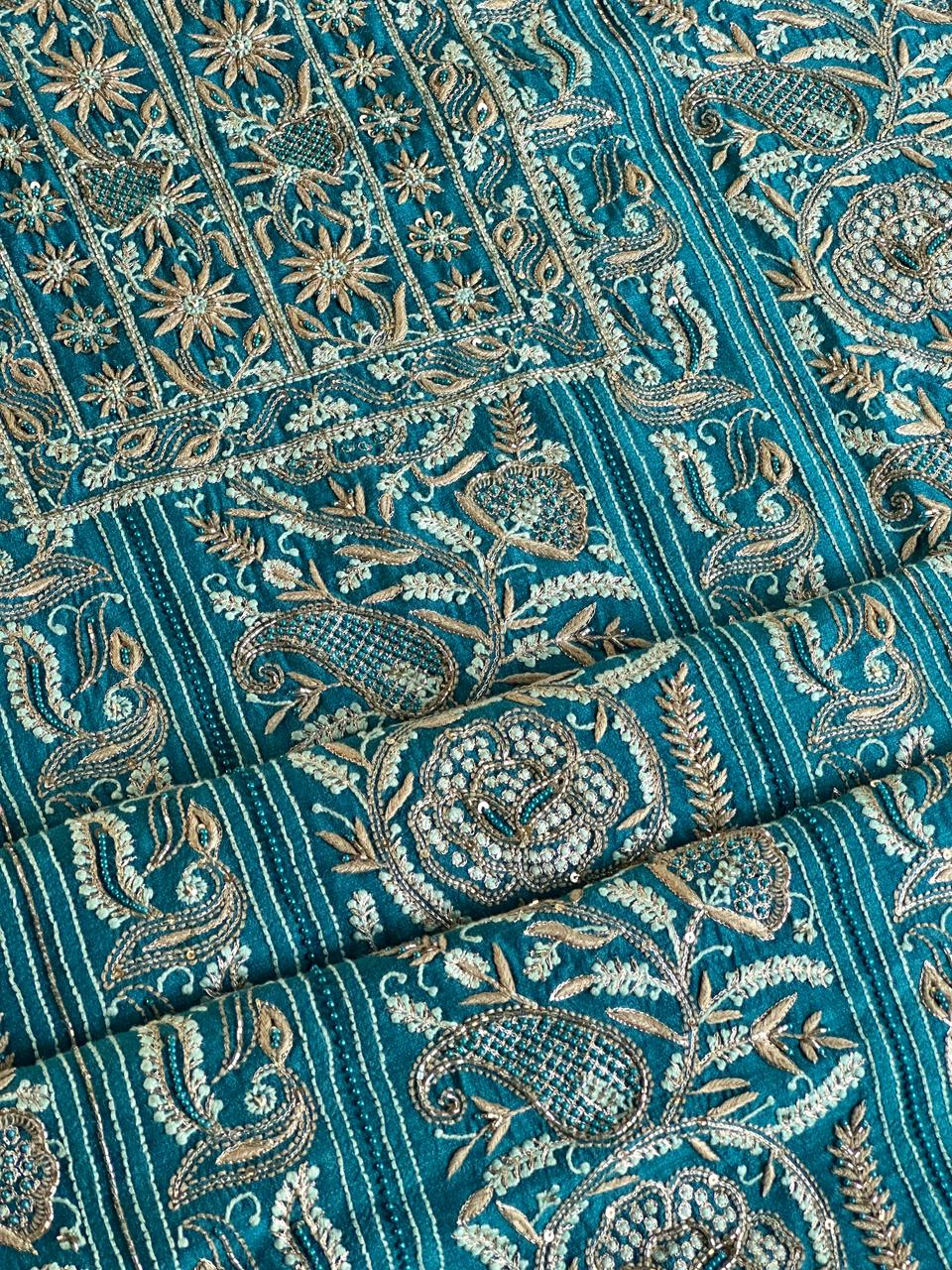Peacock Blue Shade Moonga Silk Chikankari Unstitched Fabric
