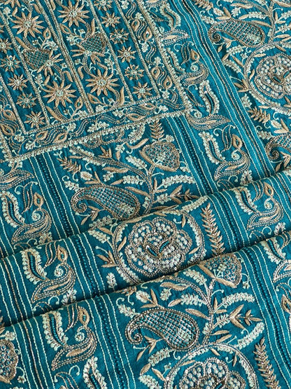 Peacock Blue Shade Moonga Silk Chikankari Unstitched Fabric