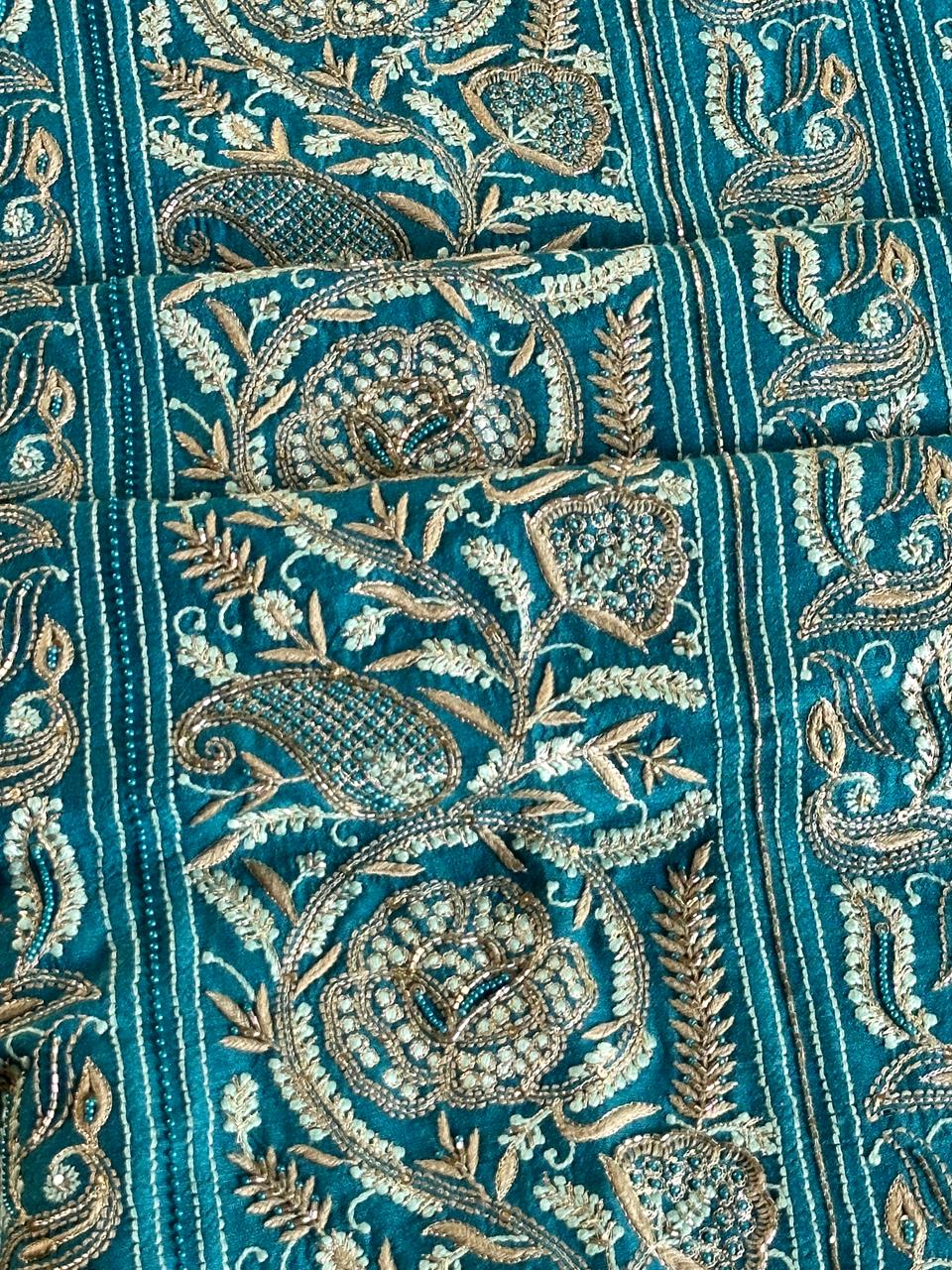 Peacock Blue Shade Moonga Silk Chikankari Unstitched Fabric