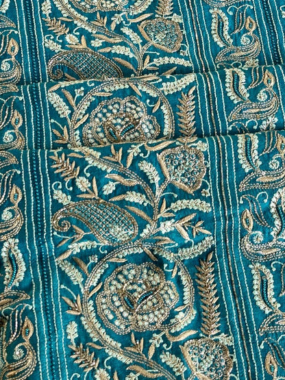 Peacock Blue Shade Moonga Silk Chikankari Unstitched Fabric