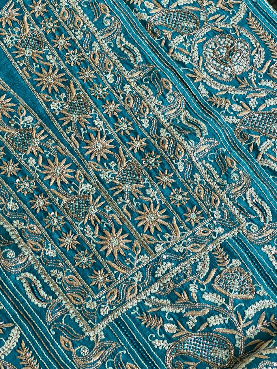 Peacock Blue Shade Moonga Silk Chikankari Unstitched Fabric