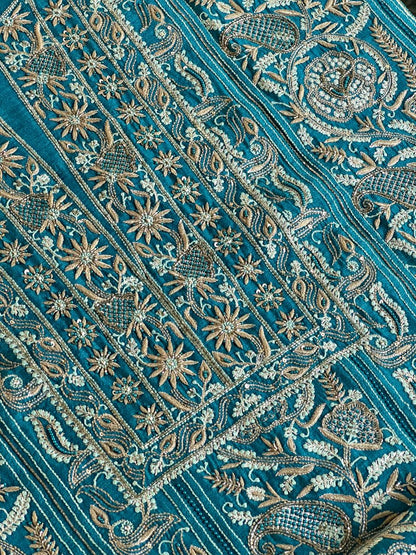 Peacock Blue Shade Moonga Silk Chikankari Unstitched Fabric