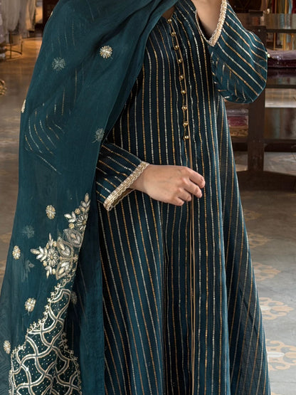 Peacock Shade Organza Chikankari Kurta Dupatta Set