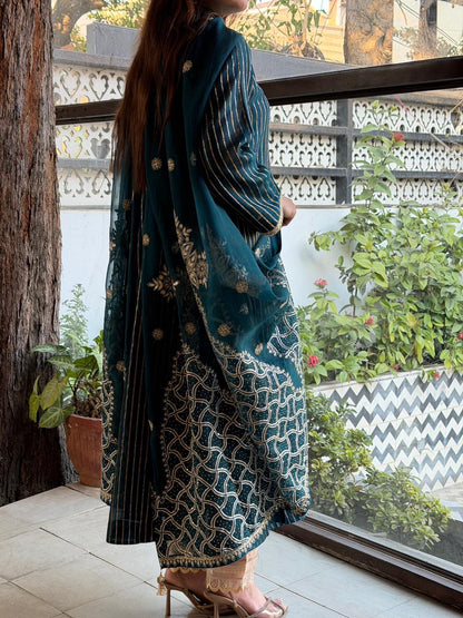 Peacock Shade Organza Chikankari Kurta Dupatta Set
