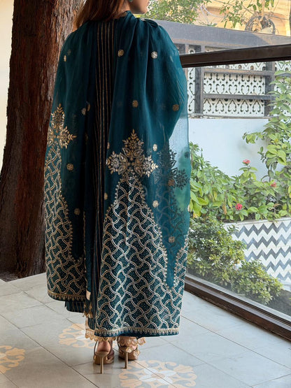 Peacock Shade Organza Chikankari Kurta Dupatta Set