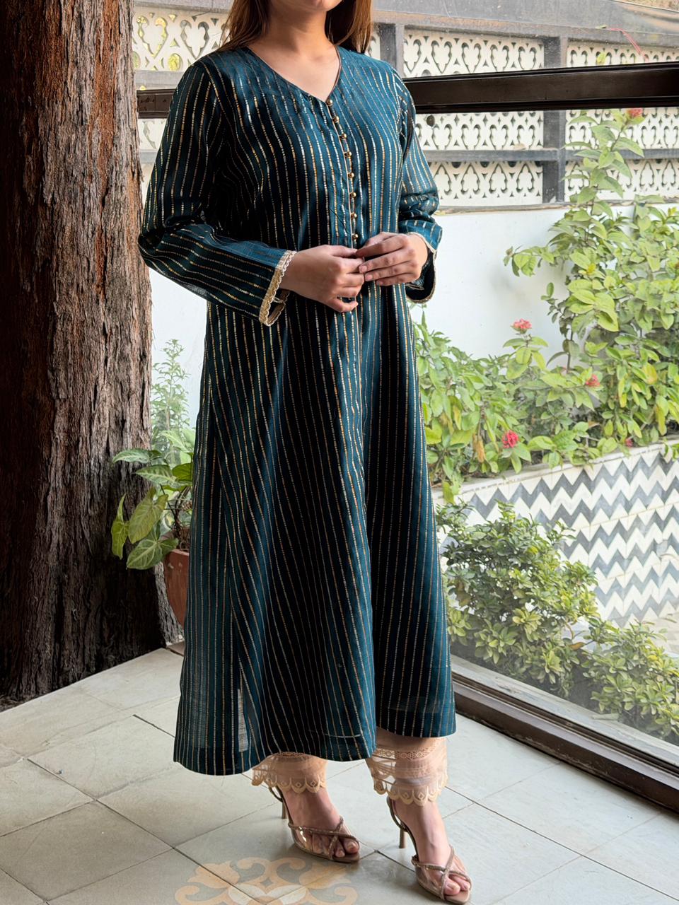 Peacock Shade Organza Chikankari Kurta Dupatta Set