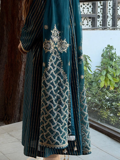 Peacock Shade Organza Chikankari Kurta Dupatta Set