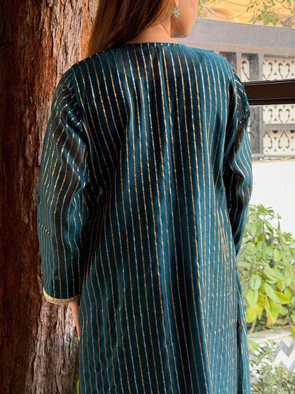 Peacock Shade Organza Chikankari Kurta Dupatta Set