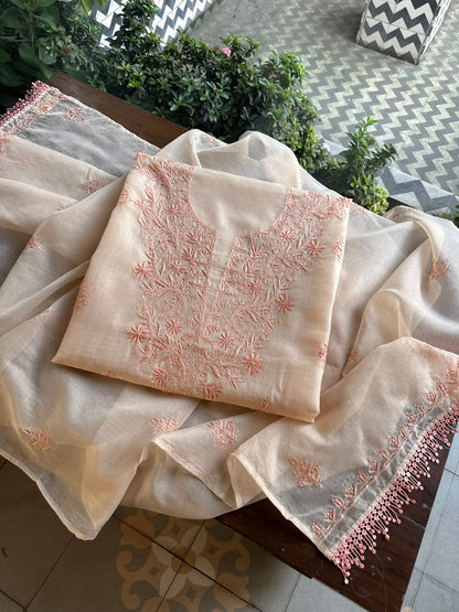Pearl Peach Shade Kota Chikankari Unstitched Suit Fabric