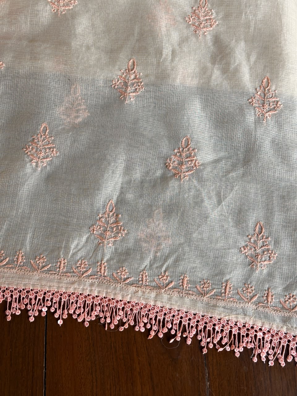 Pearl Peach Shade Kota Chikankari Unstitched Suit Fabric