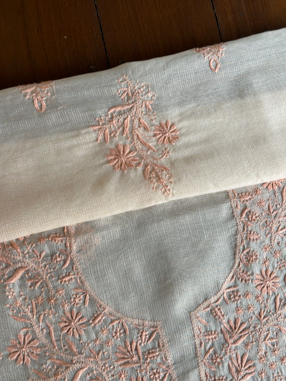 Pearl Peach Shade Kota Chikankari Unstitched Suit Fabric