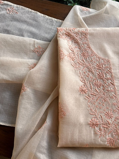 Pearl Peach Shade Kota Chikankari Unstitched Suit Fabric