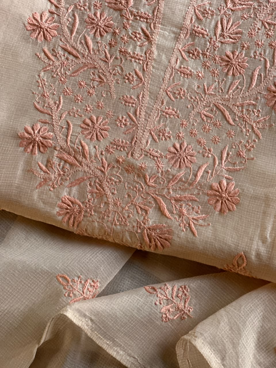 Pearl Peach Shade Kota Chikankari Unstitched Suit Fabric