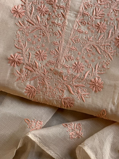 Pearl Peach Shade Kota Chikankari Unstitched Suit Fabric