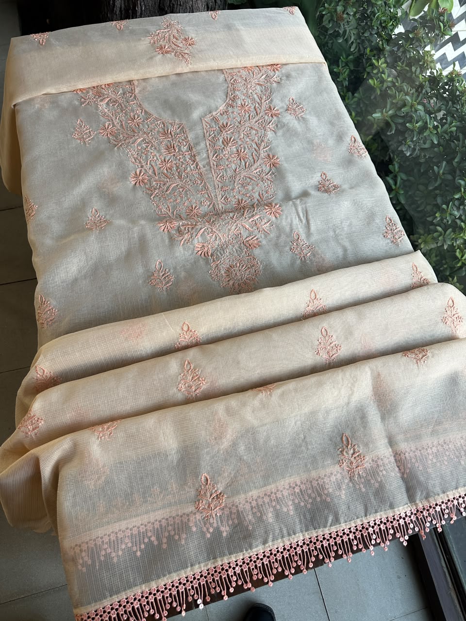 Pearl Peach Shade Kota Chikankari Unstitched Suit Fabric