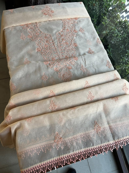 Pearl Peach Shade Kota Chikankari Unstitched Suit Fabric
