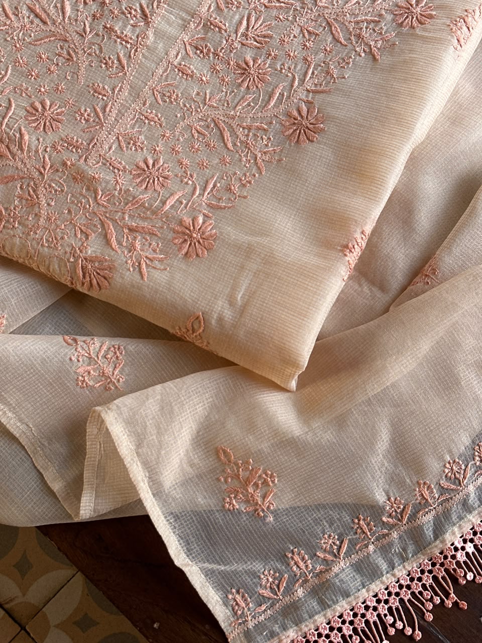 Pearl Peach Shade Kota Chikankari Unstitched Suit Fabric