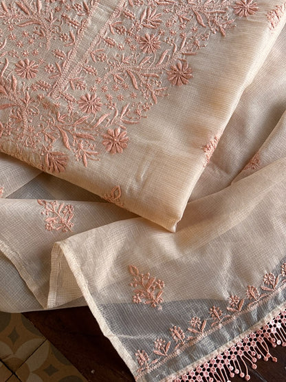 Pearl Peach Shade Kota Chikankari Unstitched Suit Fabric