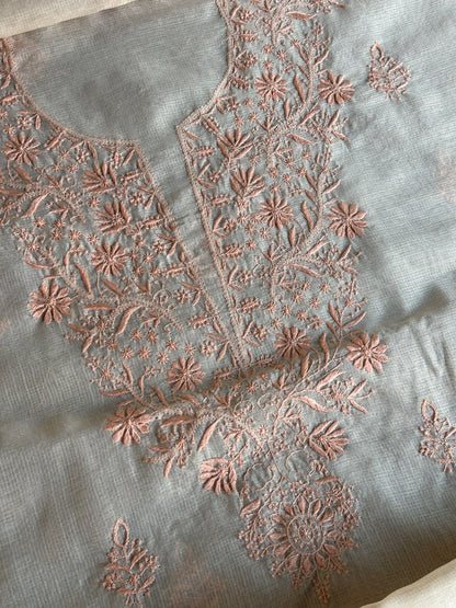 Pearl Peach Shade Kota Chikankari Unstitched Suit Fabric