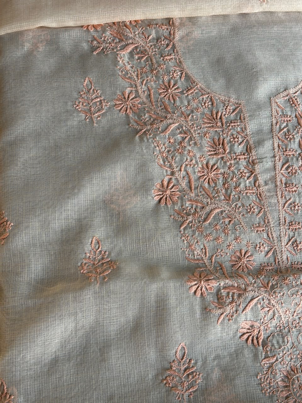 Pearl Peach Shade Kota Chikankari Unstitched Suit Fabric