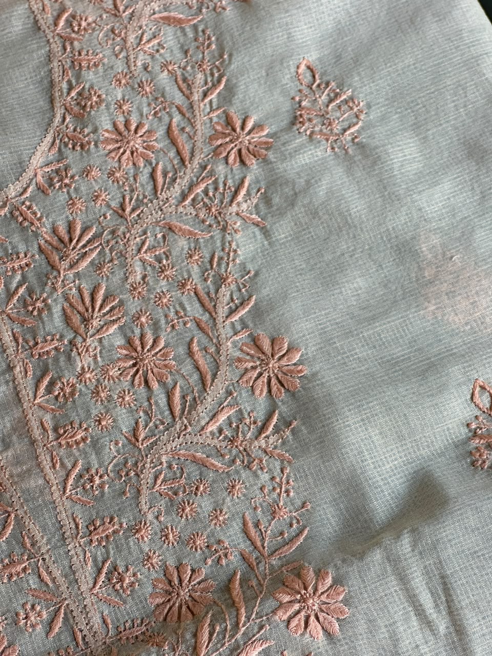 Pearl Peach Shade Kota Chikankari Unstitched Suit Fabric