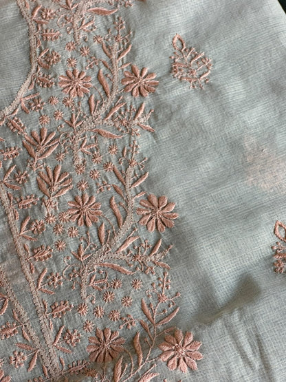 Pearl Peach Shade Kota Chikankari Unstitched Suit Fabric
