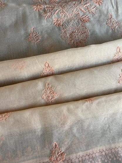 Pearl Peach Shade Kota Chikankari Unstitched Suit Fabric