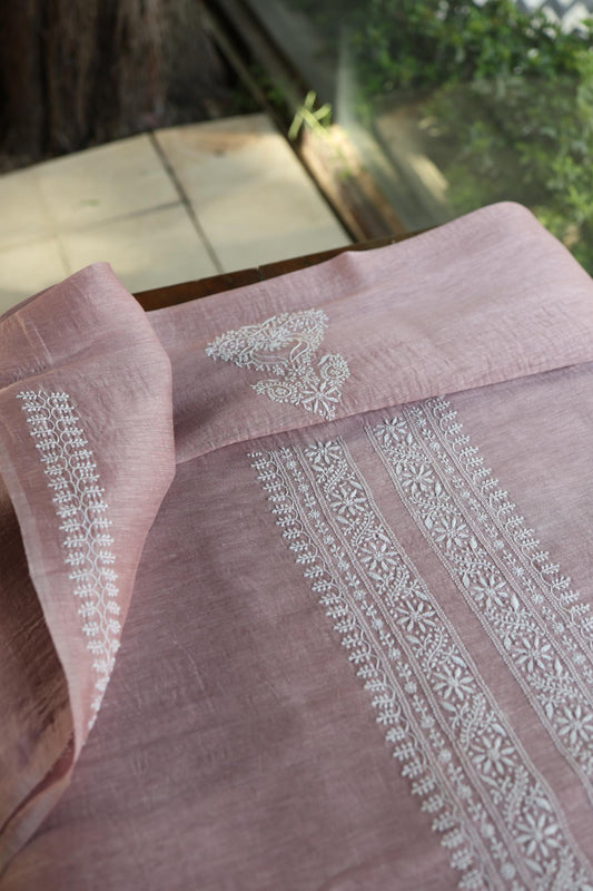 Pearl Pink Linen Chikankari Unstitched Men's Kurtas Fabric