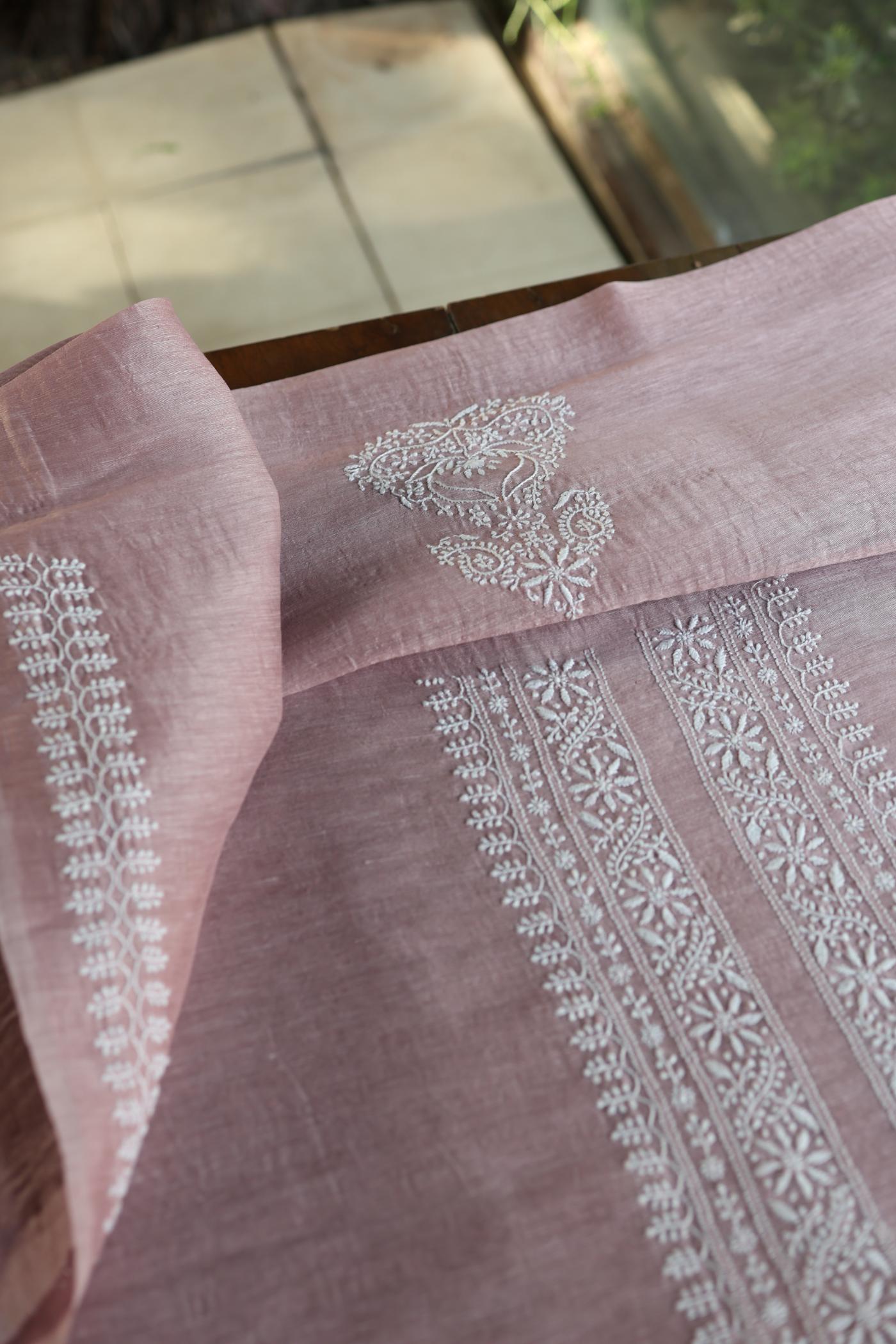 Pearl Pink Linen Chikankari Unstitched Men's Kurtas Fabric