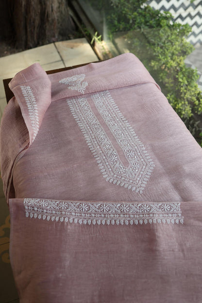 Pearl Pink Linen Chikankari Unstitched Men's Kurtas Fabric