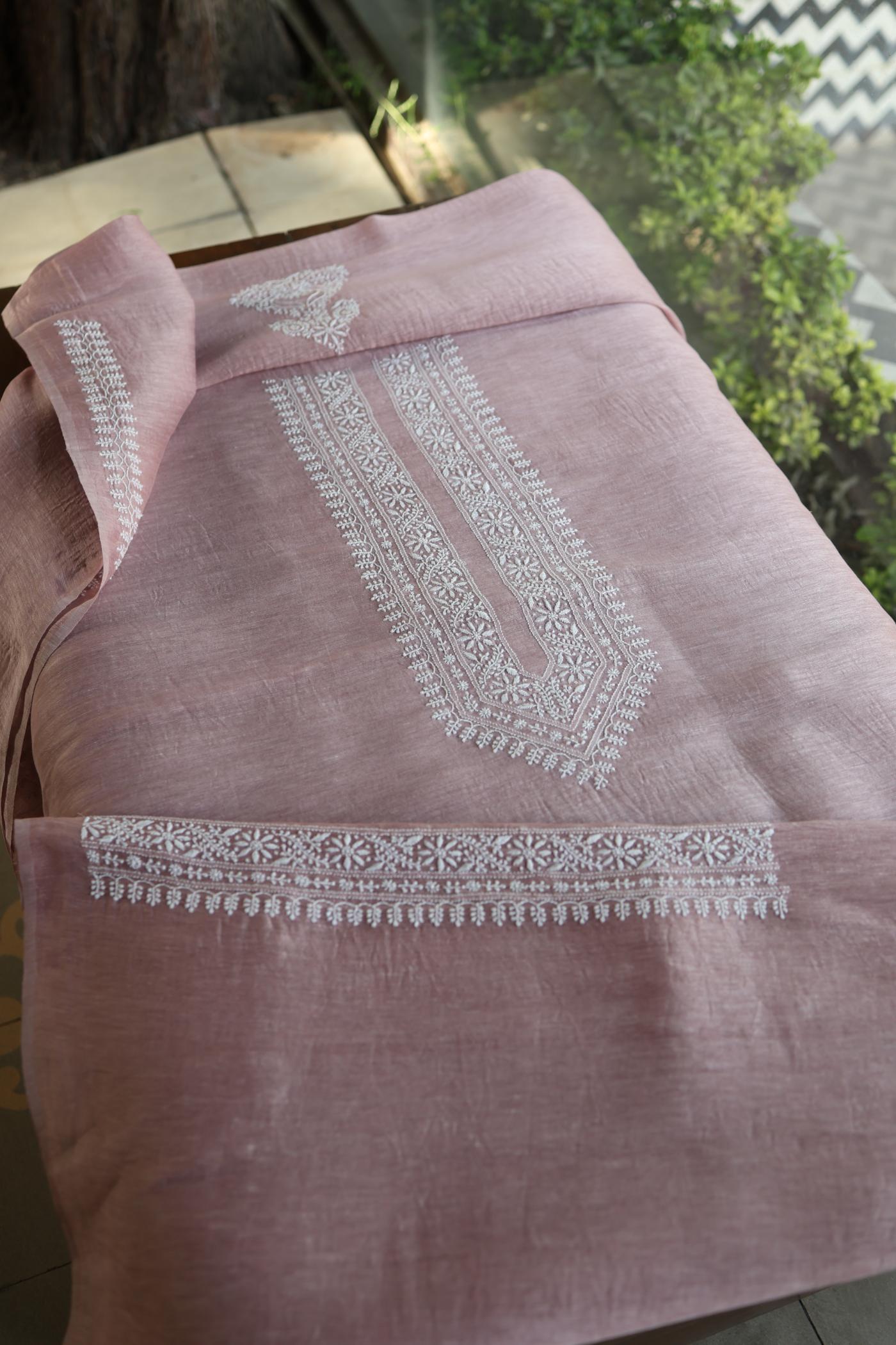 Pearl Pink Linen Chikankari Unstitched Men's Kurtas Fabric