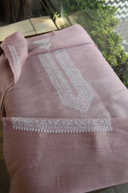 Pearl Pink Linen Chikankari Unstitched Men's Kurtas Fabric