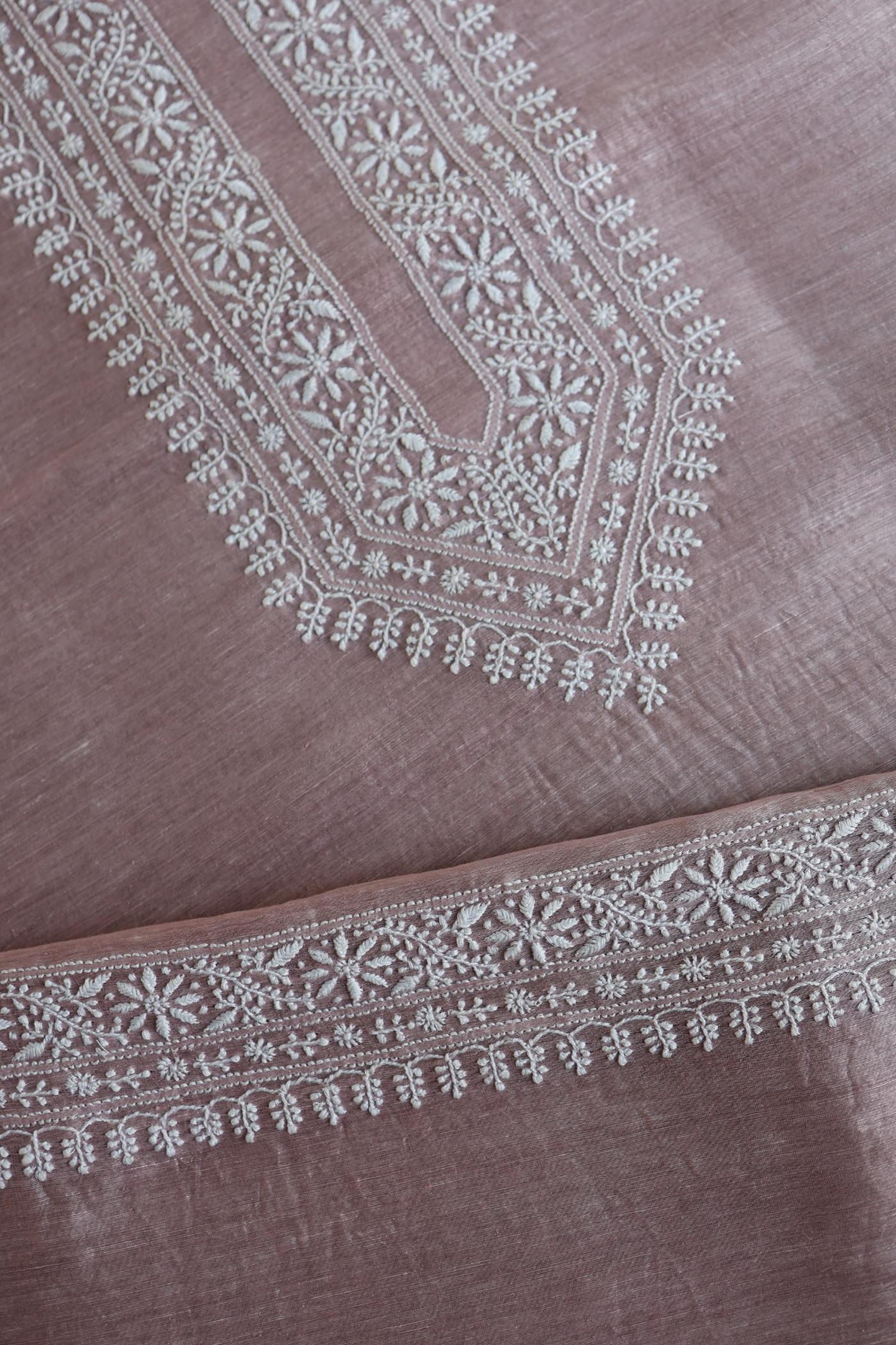 Pearl Pink Linen Chikankari Unstitched Men's Kurtas Fabric