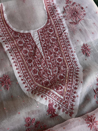 Pearl Pink Noor Organza Silk Chikankari Unstitched Kurta Dupatta Set