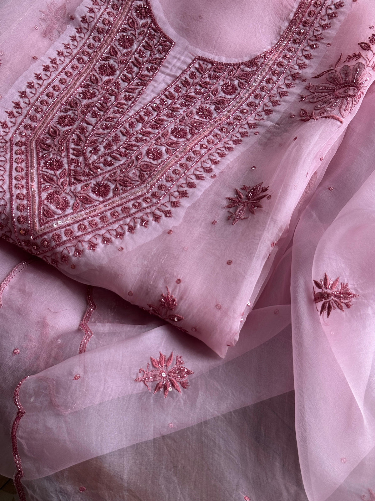 Pearl Pink Noor Organza Silk Chikankari Unstitched Kurta Dupatta Set